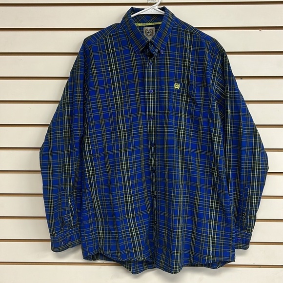 Cinch 100% Cotton‎ Long Sleeve Button Down Shirt Blue/Yellow Plaid EUC Size M - Picture 1 of 8